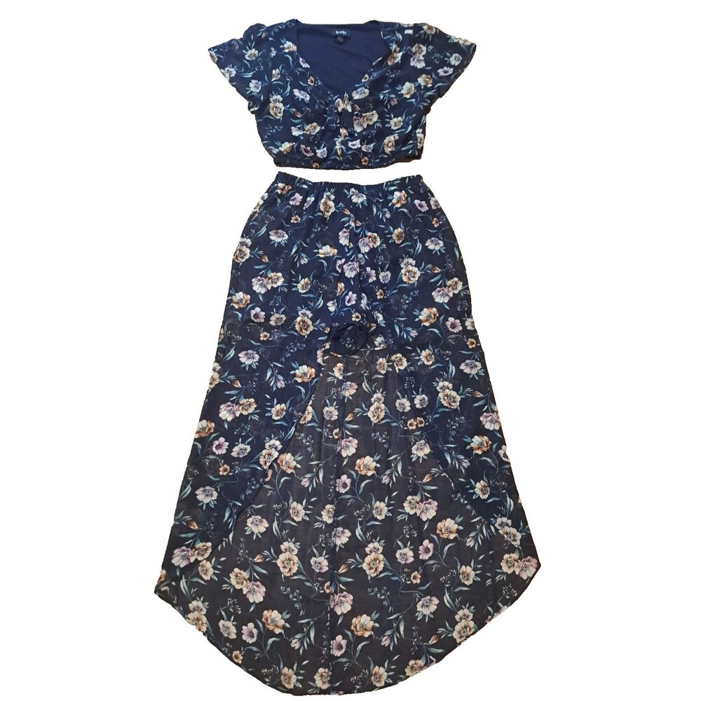 By By Crop Top & Short Set W Skirt Overlay Black Floral Whimsigoth Boho Fairy L